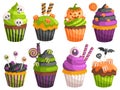 Halloween cupcakes. Spooky decorated muffins, themed small cakes for 31 October and scary dessert food cartoon vector Royalty Free Stock Photo