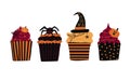 Halloween cupcakes. Spooky decorated muffins, themed small cakes for 31 October and scary dessert food cartoon vector Royalty Free Stock Photo