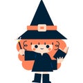 Halloween Cute Cartoon Witch Casts a Spell with a Magic Wand, Holding a Magic Book in Her Left Hand