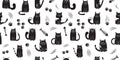 Halloween cute cats seamless pattern, cartoon black doodle animal vector background, funny pet print, hand drawn silhouettes Royalty Free Stock Photo