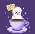 Halloween cute ghost cartoon style kawaii plays with a cup of coffee or tea on dark background Royalty Free Stock Photo