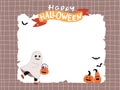 Halloween cute ghost with pumpkins on template background. Kids costume party. Vector childish illustration of magic Royalty Free Stock Photo