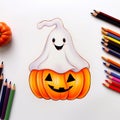 Halloween Cute Ghost Pencil Color Kids Drawing on White Background