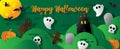 Halloween cute ghosts party in a graveyard scene with green clouds. Happy Halloween greeting card in paper cut style and web