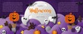 Halloween cute ghosts party in a graveyard scene with violet clouds and giant moon, example texts in paper cut style