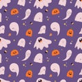 Halloween cute ghosts, pumpkins, candies seamless pattern Royalty Free Stock Photo