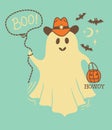 Halloween cute grost cowboy card illustration. Vector hand drawn halloween ghost in cowboy hat and lasso Boo howdy holiday text