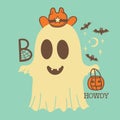 Halloween cute grost cowboy color card illustration. Vector hand drawn vintage halloween cute ghost in cowboy hat and Boo holiday