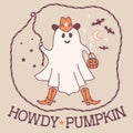 Halloween cute grost cowboy color illustration. Vector halloween ghost in cowboy hat and lasso holiday text Howdy pumpkin text for