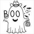 Halloween cute grost cowboy illustration. Vector hand drawn halloween cute ghost in cowboy hat and Boo holiday text isolated on