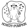 Halloween cute grost cowboy illustration. Vector hand drawn halloween ghost in cowboy hat and lasso holiday text Howdy pumpkin