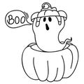 Halloween cute grost and pumpkin line style illustration. Vector hand drawn funny halloween ghost scares with Boo text holiday