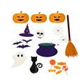 Halloween cute icons, orange funny faces pumpkins, spooky magic witch equipment, spider web, black cat, flying bat and candy, Autu Royalty Free Stock Photo