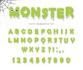 Halloween cute monster font for kids. Jelly slim green letters and numbers.