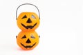 Halloween cute plastic toy pumpkin head basket on white background Royalty Free Stock Photo