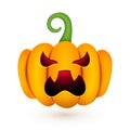 Halloween cute pumpkin. Realistic 3d pumpkin with scary evil face on white background for autumn holiday. Vector