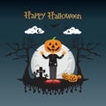 Halloween cute pumpkins head character bat spooky trees with full moonlight shadow illustration