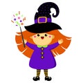 Halloween cute redhead witch in a hat. Cartoon character. Kawaii style