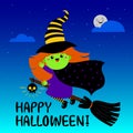 Halloween cute redhead witch in a hat flying on a broomstick. Kawaii style