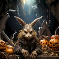 Halloween cute scary rabbit and pumpkins in nature