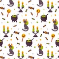 Halloween cute seamless pattern with a cat, pot with poison and chandelier. Children design for clothes, wrapping paper, textile, Royalty Free Stock Photo