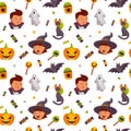Halloween cute seamless pattern with a kids, cat, pumpkin and sweets. Children design for clothes, wrapping paper, textile, fabric Royalty Free Stock Photo