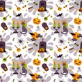 Halloween cute seamless pattern with a moon, bat, spider, cat, candles and grave. Children design for clothes, wrapping paper, Royalty Free Stock Photo