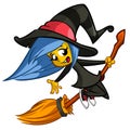 Halloween cute witch flying on her broom. Vector cartoon illustration.
