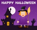 Halloween Cute Witch and Haunted House Royalty Free Stock Photo