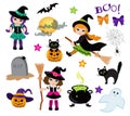 Halloween Cute Witches and design elements set.