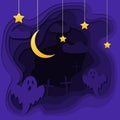 Halloween 3d abstract paper cut illlustration of cemetery, moon, ghosts. Vector colorful template in carving art style.