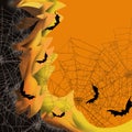 Halloween 3D fall scene of overlapping color layers spiderwebs, spooky bats, space for text, great for invitation,