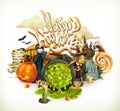 Halloween 3d invitation. Pumpkin, witch, vampire, candy corn. Set of cartoon characters and objects