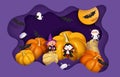 Halloween 3d papercut layered design. Witch, ghoul, vampire, bat, pumpkin, mummy