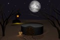 Halloween 3D render of empty podium with dark castle