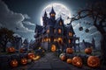 Halloween dark castle moonlight shining. Generative AI Royalty Free Stock Photo