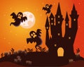 Halloween dark haunted castle with ghosts at night scene Royalty Free Stock Photo