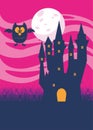 Halloween dark haunted castle and owl in the night scene Royalty Free Stock Photo