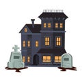 Halloween dark haunted mansion with cemetery