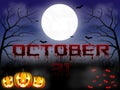 Halloween spooky night background with full moon and gory October text