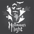 Halloween dark night ghosts and bats flying. Hand drawn chalk painting on chalkbourd. Royalty Free Stock Photo