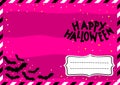 Halloween dark pink postcard with bats and lights