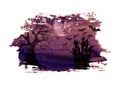 Halloween dark purple night background with terrible dead tree, castle, bats and full moon Royalty Free Stock Photo