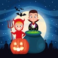 Halloween dark scene with kids disguised and cauldron