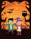 Halloween dark scene with kids disguised characters