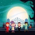 Halloween dark scene with kids disguised characters