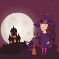 Halloween dark scene with woman disguised witch