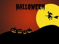 Halloween day.Background Happy Halloween with a witch riding a broom in the air and many pumpkins on a hill on a big moon