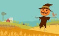 Halloween day background with wheat, harvested pumpkins, straw bale, farm field, barn and Jack-`o-lantern scarecrow. Vector Royalty Free Stock Photo