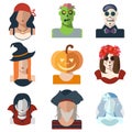 Halloween and Day of the Dead avatar icons in flat style.